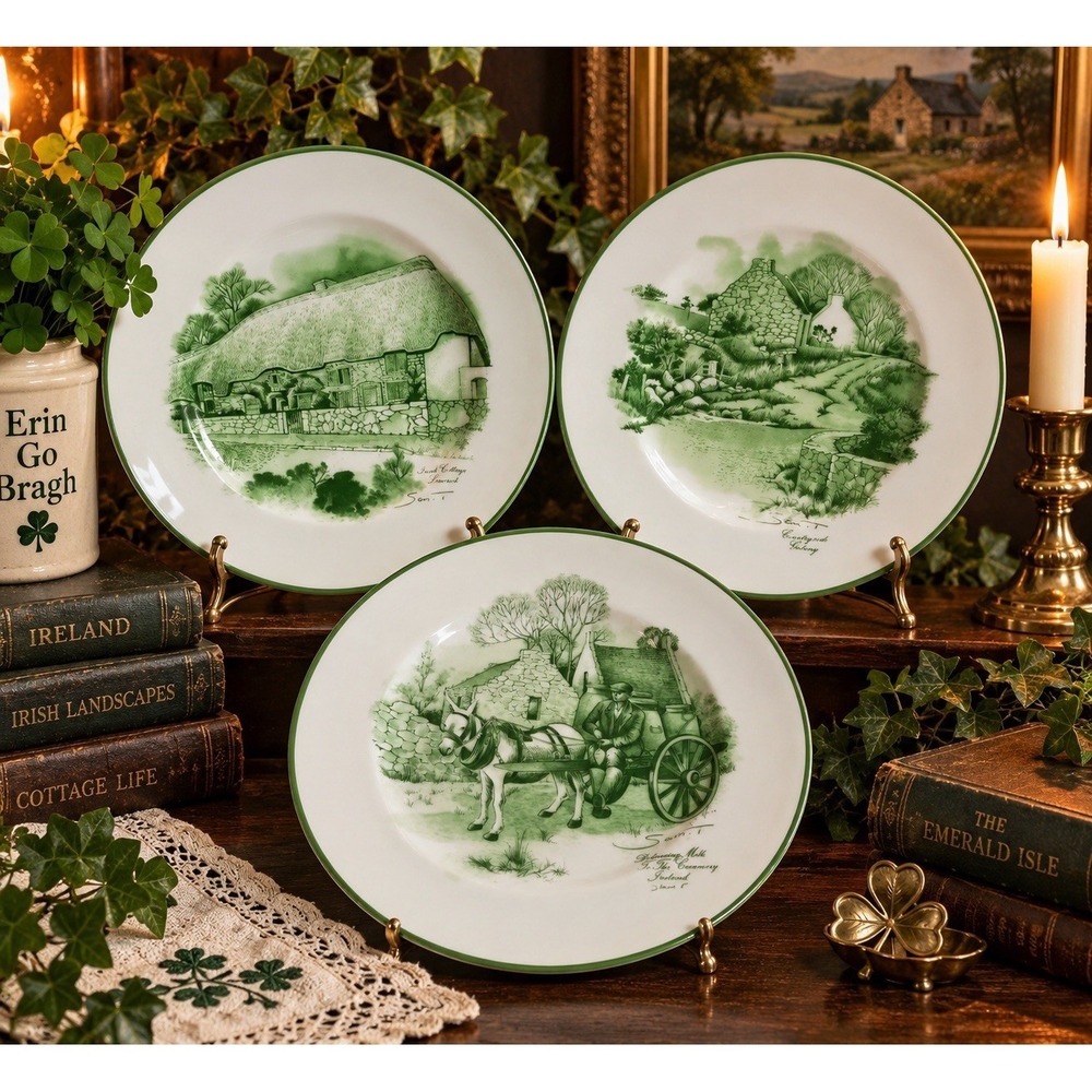 Capitol Ireland Irish Cottage Scenic Plates Set of 3 Galway Limerick 9"